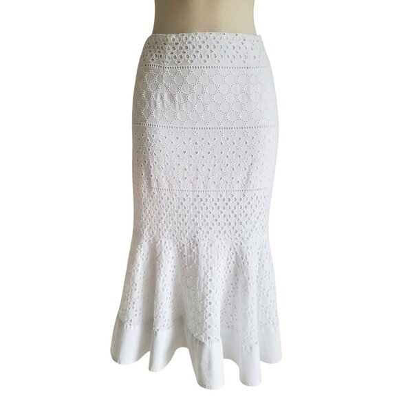 Gianni Bini White 100% Cotton Feminine Fishtail Eyelet Ruffle Hem Skirt M - Picture 1 of 13